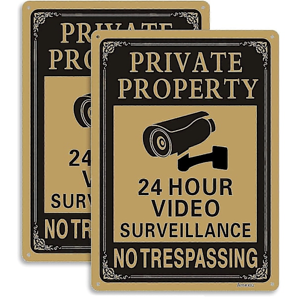 Privat Eiendom Uvedkommende Forbudt 24 Timer CCTV Kamera Videoovervåking Varselskilt | 10\" X 7\" Rustfritt Aluminium Enkel Montering Falmingsbestandig, 2 Pa