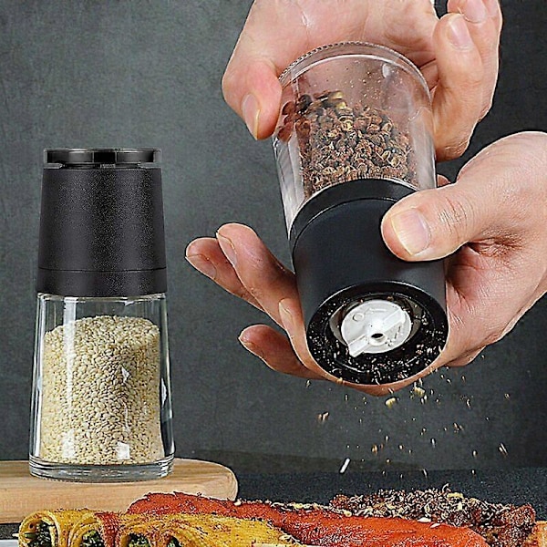 Salt- og peberkværn, manuelt salt- og peberkværnsæt 1 stk. Justerbar kværnstørrelse Kværne Børstet rustfrit stål og sort glas 13,5X6 cm