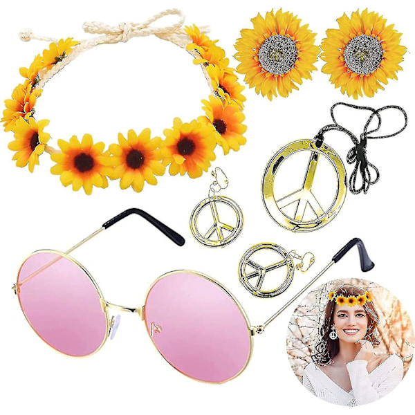 Nopea toimitus 1 set, Hippien naisten asusteet 7 kpl set Sisältää Flower Crown päänauhan rannekkeen ja hippien aurinkolasit, rauhankyltin kaulakorun ja