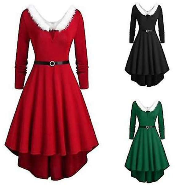Dam jul lurvig V-ringad långärmad klänning för fest kostym Red 2XL