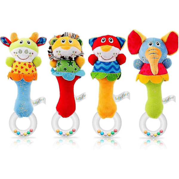 Baby Soft Rattle Sensoriske Leker - 4 Pakk Nyfødt Plysj Rangle Dyregrep Sett Med Tannringer Tidlig Læringsleker For Småbarn 0 - 12 Måneder