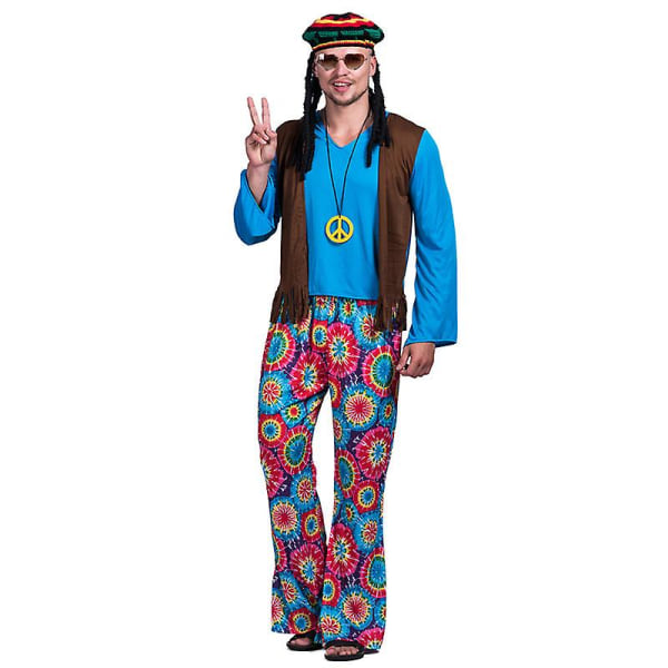 Flere par 60'er 70'er Rockabilly Hippy kostume Bohemian Gypsy Disco Club Cosplay Carnival Halloween Fancy festkjole Blue L