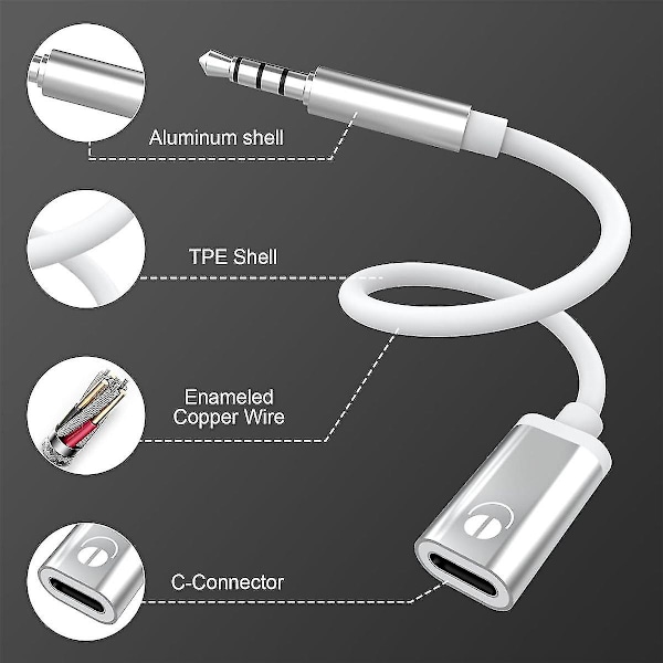 3,5 mm Han til Type C Hun Audiokabel, Analog Audio Jack Hovedtelefon Audio Adapter til MP3 Afspiller, Laptop, Tablets