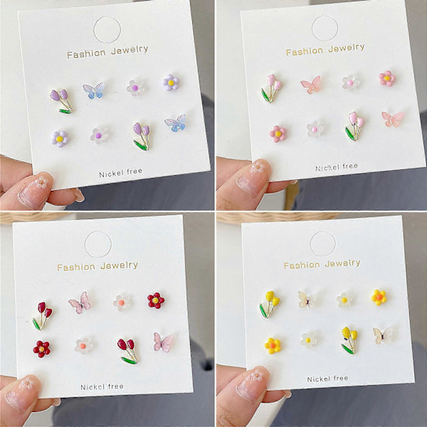 8 st Flickmode Söta Färgglada Akryl Mini Fjäril Blomma Öronstift Örhängen