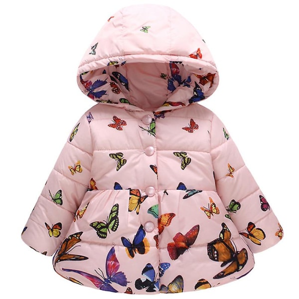 Småbørn Børn Piger Blomster Puffy Tykket hættejakke Vinter varm quiltet jakke Pink Butterfly 3-4 Years