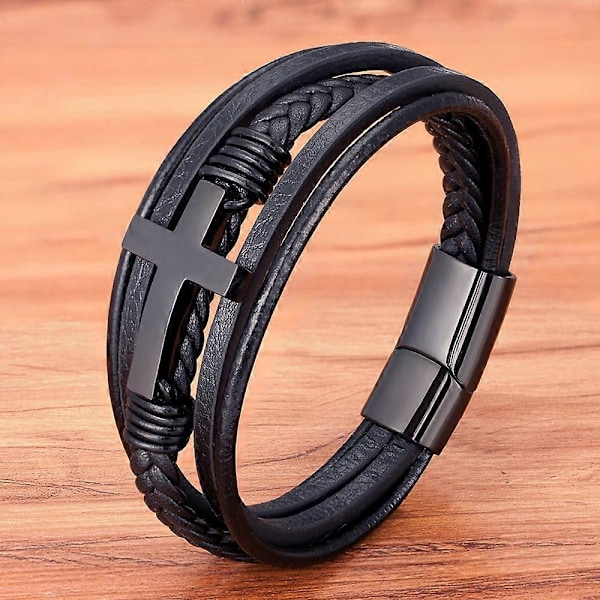 Lyxigt Flerfärgat Korsdesign Klassiskt Armband för Män i Rostfritt Stål och PU-läder 7.48/8.27/9.06 tum Välj Snygga Julklappar, Farsdagspresent