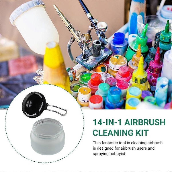 14-i-1 Airbrush Rensesæt | Rensesæt med glaskrukke, holder i rustfrit stål, nål og børste