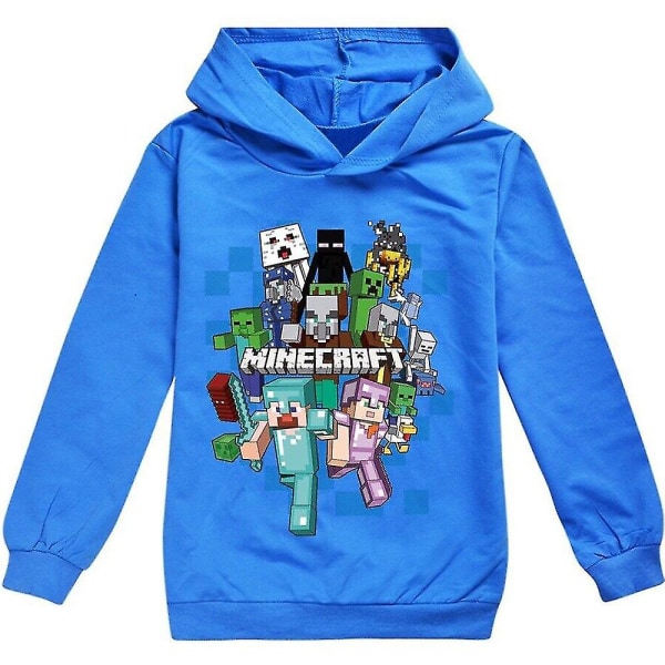 Minecraft Børn Drenge Piger Hættetrøje med tryk Casual Langærmet Hættetrøje Pullover Sweater Top Blue 11-12Years