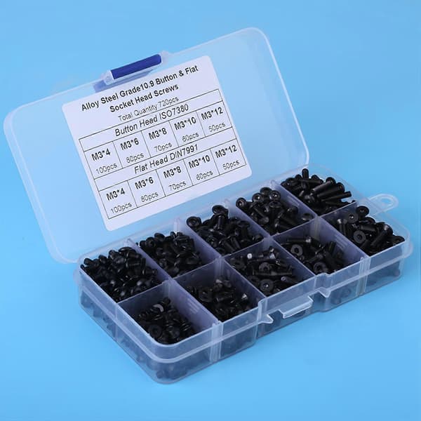 720 stk. M3*4/6/8/10/12 Sorte Legert Stål Flat Head Hex Socket Skruer med Plastboks
