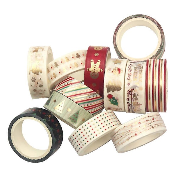 Jul Papperstejp Set 12 Rullar Tejp Set Färgglad Dekoration, Julhelg Design Konst Hantverk Tejp DIY Scrapbook Planering Presentinslagning Tejp Bröllop