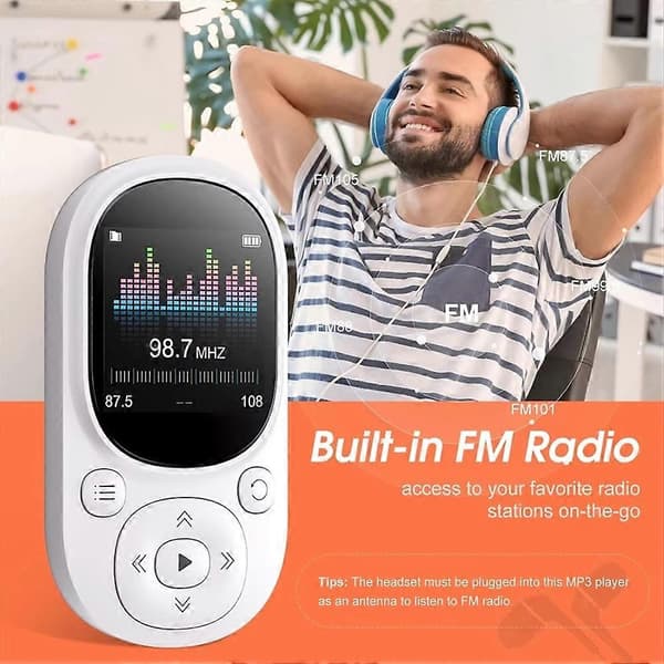 64GB Clip MP3-spiller med Bluetooth 5.3, tapsfri lyd, hvit