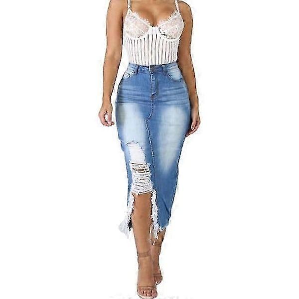 JWL-Fashion Skjørt for kvinner, høy midje, revet, splitt, denim, slitt, jeans, kroppsnær, langt skjørt, egnet for hverdagsbruk