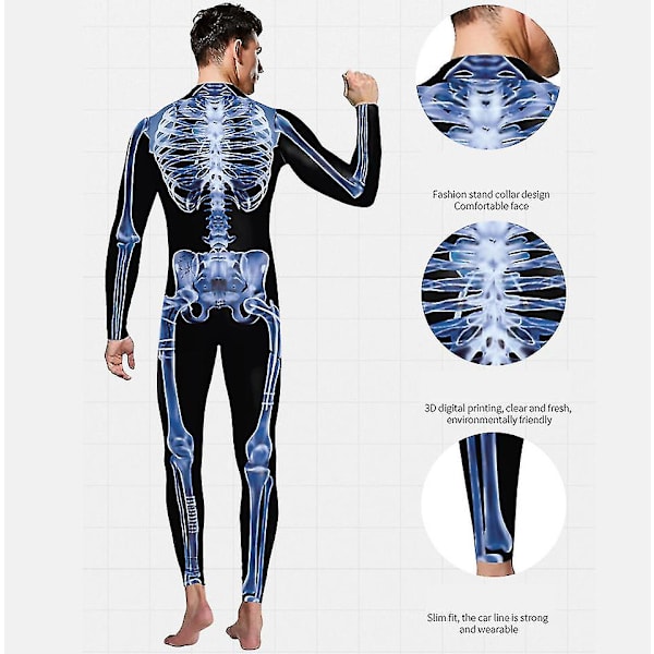 Miesten 3D Skeleton Halloween-asut Cosplay Jumpsuit Bodysuit L