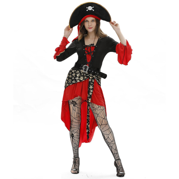Kvinders sexet piratkostume Halloween Cosplay Uniform Hat Dress Bælte Full Dance Performance M Dress cap belt Socks