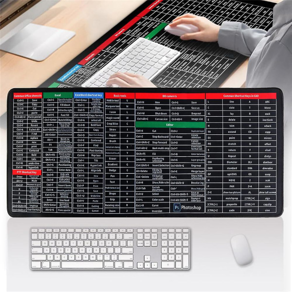 Hurtigtast Super stor antiskli tastaturmatte - med snarveismønster for kontorprogramvare, 31,5 * 11,8 tommer stor musematte tastaturmatte