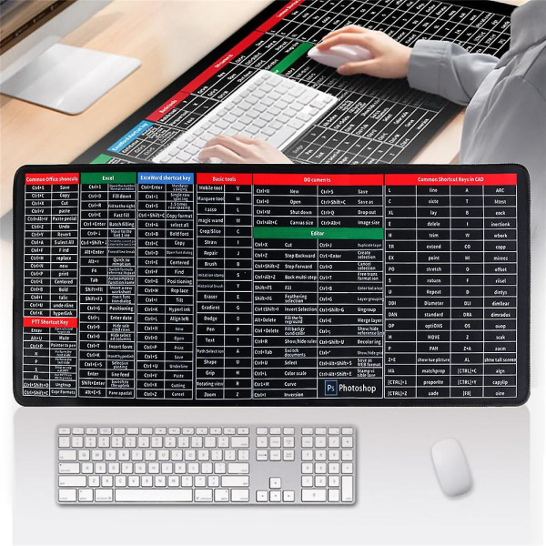 Hurtigtast Super stor skridsikker tastaturpude - med genvejsmønster til kontorsoftware, 31,5 * 11,8 tommer stor musemåtte tastaturmåtte
