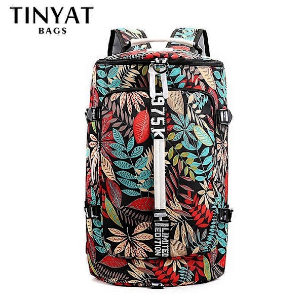 TINYAT Tryckt Löv Dam Resväska Weekend Reseryggsäck Dam Sport Stor Kapacitet Bagageväskor Multifunktionell Crossbody