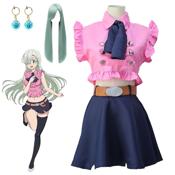 Anime The Seven Deadly Sins Elizabeth Liones Cosplay Costume Girl Rosa Klänning Peruk Outfits Uniform Kjol Halloween Kostym Kvinnor S