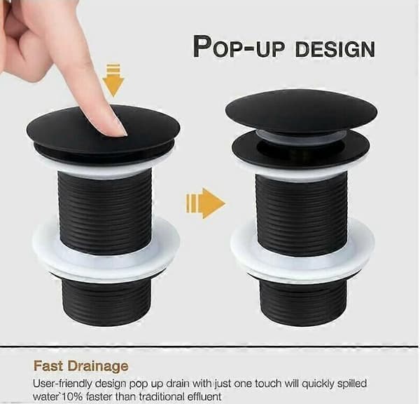 Pop-up afløbsprop, pop-up prop uden overløb, universal pop-up vask, vask, vaskeafløbsprop, sort afløbsprop til vask og håndvask