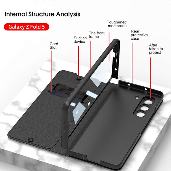 Läderfodral för Z Fold 5 med S Pen-hållare + Skärmskydd, Hinge Protection Cover Case Fold 5 5G Case Stand