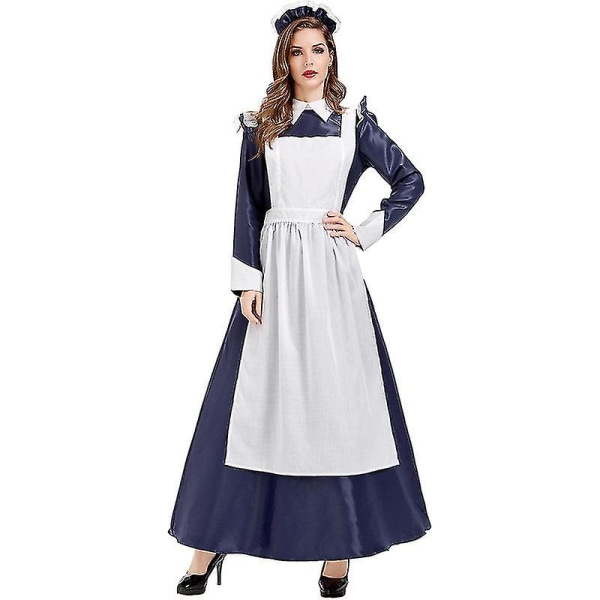 Mørkeblå langærmet europæisk og amerikansk Retro Hofpigekjole Western House Maid Dress Tea Party Festkjole i høj kvalitet XL