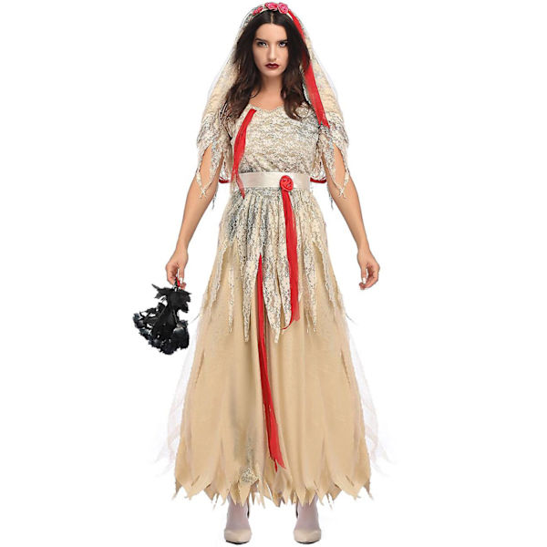 Halloween Day Of The Dead Horror Bloody Ghost Bride Cosplay Kostume Purim Masquerade Skræmmende Zombie Vampire Devil Festkjole Beige L