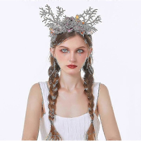 Jul Renhorn Pannband Med Blommor Jul Håraccessoarer Älg Horn Huvudbonad Tomtehatt Älg Huvudbonad Barn Vuxna Fest Fotorekvisita