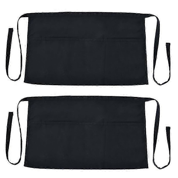 2-pack Midjeförkläden, Svarta, Halvförkläde, Unisex Servitörsförkläde med 3 Fickor, Kort Matlagningsförkläde för Kock, Servitör, Bagare