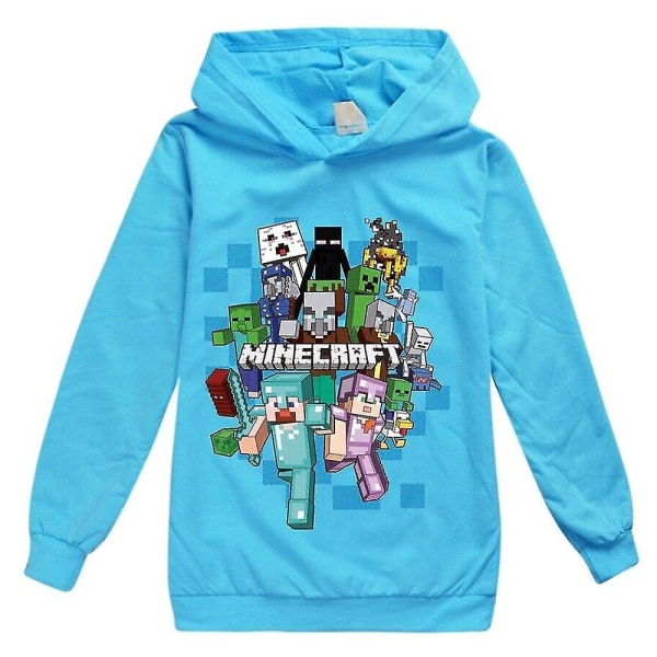 Minecraft Børn Drenge Piger Hættetrøje med tryk Casual Langærmet Hættetrøje Pullover Sweater Top Light Blue 5-6Years