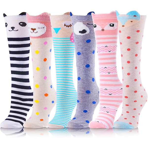 Jenter Knehøye lange sokker til barn 6 par morsomme dyremønster Høye Crazy Cute