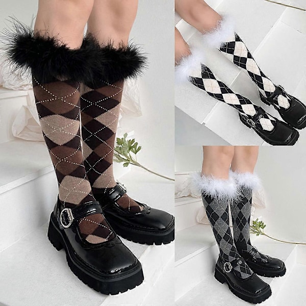 Dame Student Pelsaktig Fjærkant Knehøye Sokker College Stil Argyle Diamant Rutemønster Lolita Julestrømper