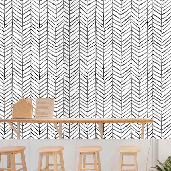 Svart og hvit selvklebende tapet sildebensmønster kontaktpapir moderne geometrisk flyttbar tapet 45*200cm