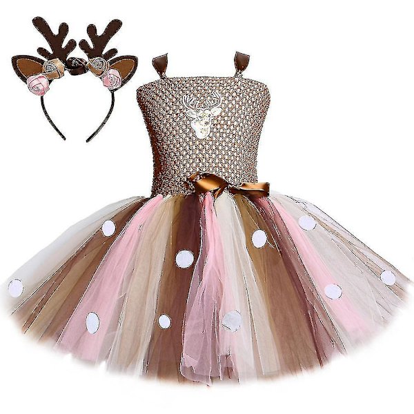 Hurtig levering Hjorte Tutu Kjole Til Piger Halloween Julekostume Børn Dyr Elg Rensdyr Fødselsdagsfest kjole med pandebånd 1-12 år Dress and hairband 11t