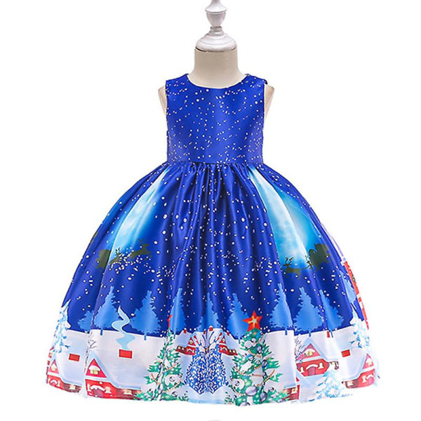 Jul Små Barn Flickor Spets A-linje Swing Dress Xmas Jultomten Print Bal Balklänning Afton Formell Prinsess Klänning Fest Kostym Dark Blue 6-7 Years