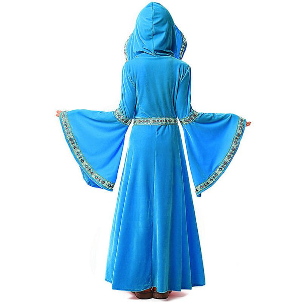 Girl Medieval Royal Court Princess Costume Spooktacular Renaissance Hette Kjole Cosplay Fancy Party Dress Carnival Halloween Blue XS