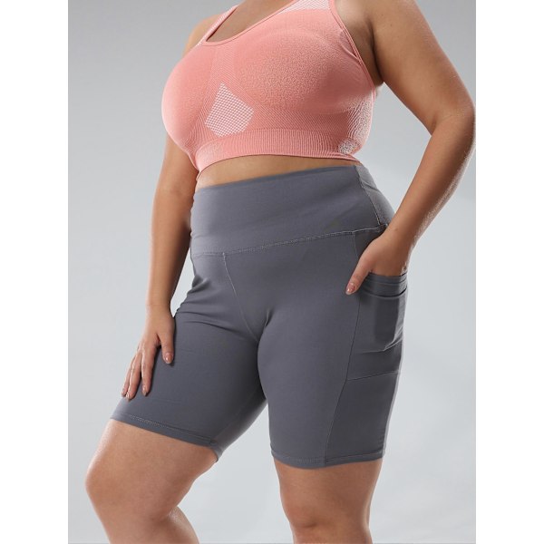 Nya modeller Dam Plus Size Enfärgade Yogashorts med Fickor, Hög Elastisk Slimmande Träningsshorts, Bekväma Sportkläder för Löpning