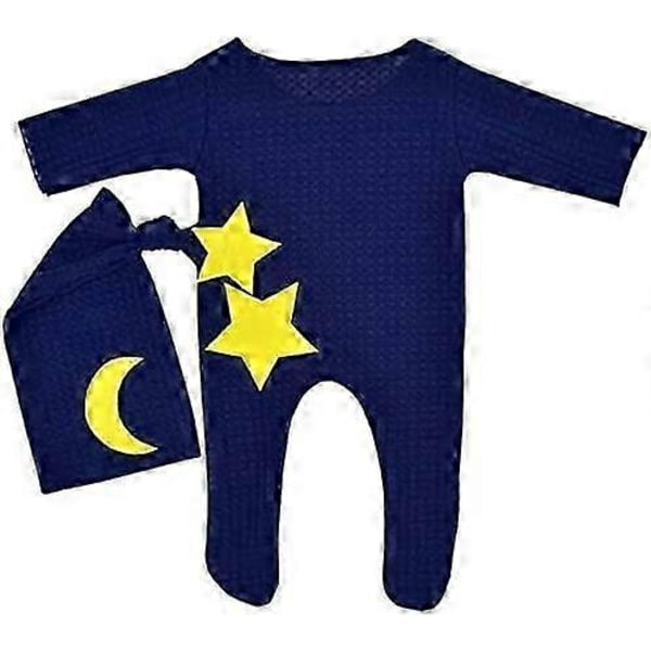 Pakke med 2 Nyfødt Fotografi Rekvisitter, Baby Fotooptagelse Kostumesæt, Strikket Romper Tøj - marineblå