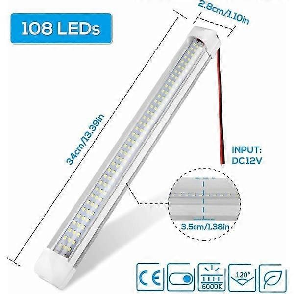 Indendørs LED Lysbjælke 12V, Universal 108 LED Lysstribe med Tænd/Sluk-kontakt, Hvid Lampe til Varevogn, Bil, Campingvogn, Caravan, Båd, RV, Køkken, Badeværelse