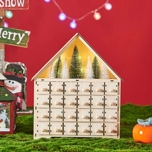 Jule-adventskalender i træ med 24 tomme opbevaringsskuffer Husform Jule-nedtællingskalender Boligindretning style 1