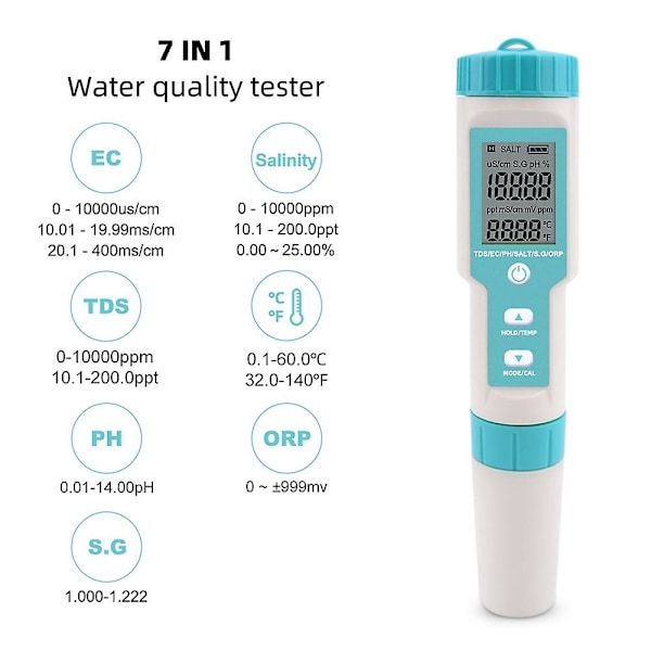 7 i 1 PH/TDS/EC/ORP/S.G/Salinitet/Temperatur Multi-Parameter Lomme Vandkvalitetstester med Elektrode