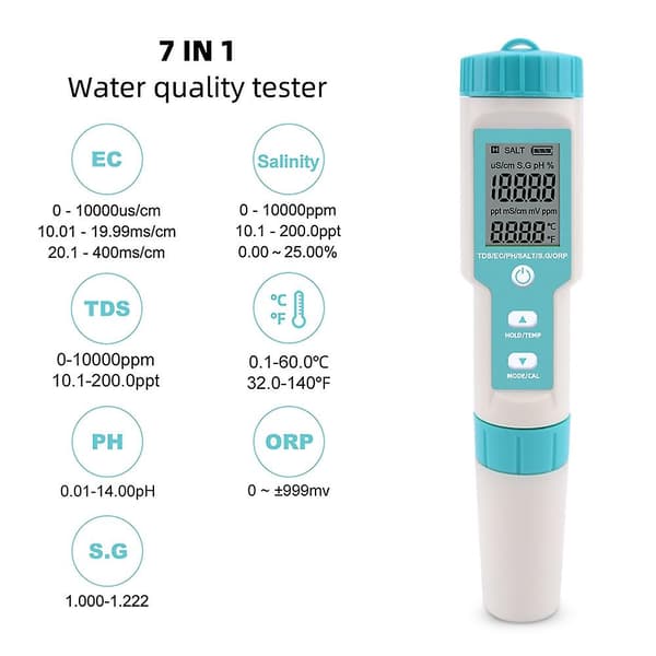 7 i 1 PH/TDS/EC/ORP/S.G/Salinitet/Temperatur Multi-Parameter Lomme Vannkvalitetstester med Elektrode