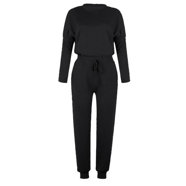 Kvinder Casual Ensfarvet outfits T-shirt toppe + snøre Elastisk talje Jogging joggingbukser Bukser Loungewear Sæt Black L