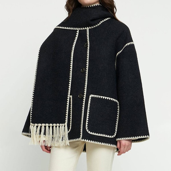 Mode enkeltradet kvast tørklædefrakke Fritid Tykke langærmet frakke til efterår og vinter Black XL