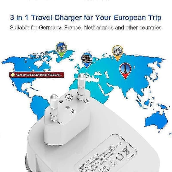 Europeisk Reseadapter, Internationell Strömadapter med 2 USB