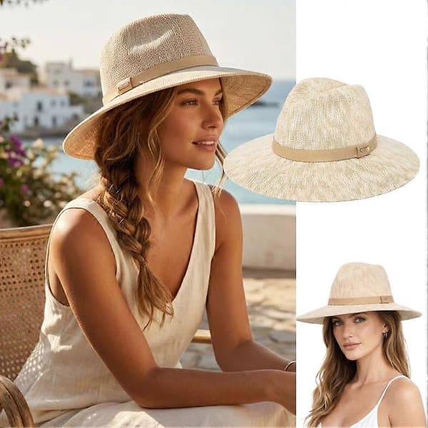 Strikket Fedora Hat - Sammenfoldelig Solbeskyttelse Bredskygget Hat til Ferie