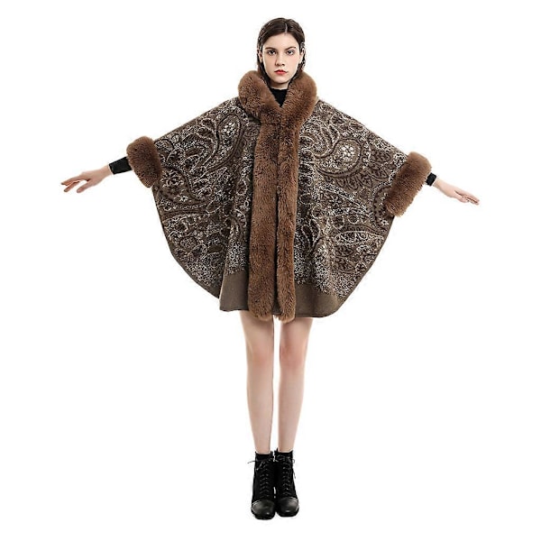 Talvinen Vintage Poncho Viitat Huppari Huopa Huivi Lämmin Takki Reunustettu Huppu Poncho Tekoturkisviitta Huivi Takki Ruskea