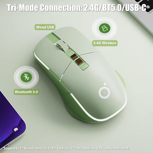 Langaton pelihiiri Tri-Mode 2.4Ghz/Bluetooth 5.0/Langallinen USB-C RGB LED-taustavalaistuksella 5-tasoinen DPI Ladattava Ergonominen Hiljainen Optinen Hiiri iMac/M