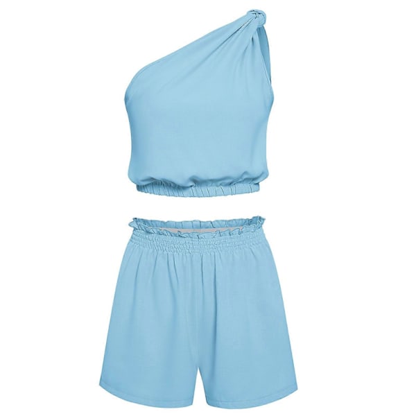Dames Todelt Sæt Ærmeløs En Skulder Knude Crop Top Mellem Elastisk Rynket Talje Shorts Strand Todelt Sæt Blå XL