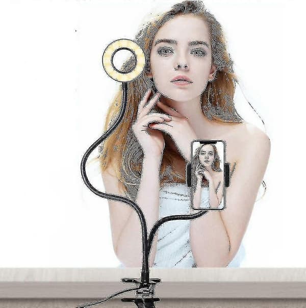 2-i-1 LED Selfie Ring Light Bordfeste Lys iPhone Holder Med Lys