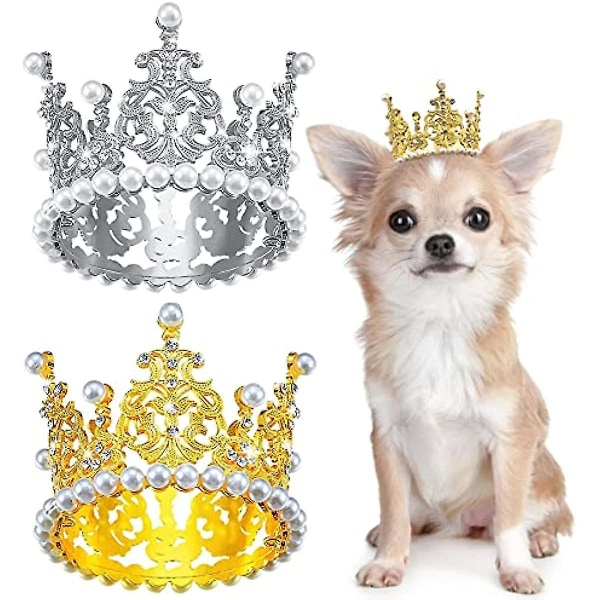 2 stk Hundekrone Kæledyr Tiara Pandebånd Krystal Rhinestone Faux Pearl Crown Hund Fødselsdagsfest Dekoration Bryllup Hårtilbehør Size S